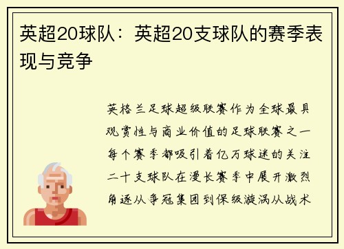 英超20球队：英超20支球队的赛季表现与竞争