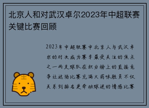 北京人和对武汉卓尔2023年中超联赛关键比赛回顾