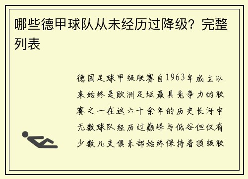 哪些德甲球队从未经历过降级？完整列表
